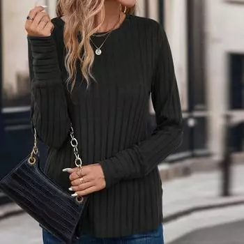 Женская модная повседневная футболка с круглым вырезом и длинным рукавом, удобный топ L чёрный