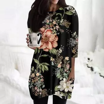 Женская модная повседневная футболка с круглым вырезом и принтом, рукавом 3/4, двойным карманом L армия зеленый