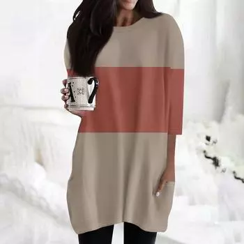 Женская модная повседневная футболка с круглым вырезом и принтом, рукавом 3/4, двойным карманом L верблюд