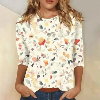 Женская модная повседневная футболка с круглым вырезом и принтом 3/4 L бежевый