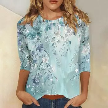 Женская модная повседневная футболка с круглым вырезом и принтом 3/4 L синий