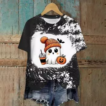 Женская модная повседневная футболка с круглым вырезом и принтом, пуловер с короткими рукавами, топ M чёрный