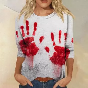 Женская модная повседневная футболка с круглым вырезом и рукавом три четверти с принтом на Хэллоуин XL