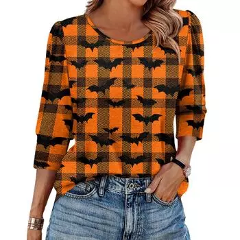 Женская модная повседневная футболка с круглым вырезом, рукавом три четверти и принтом на Хэллоуин XXXL оранжевый