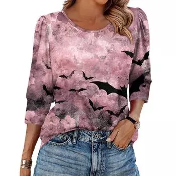Женская модная повседневная футболка с круглым вырезом, рукавом три четверти и принтом на Хэллоуин XXL розовый