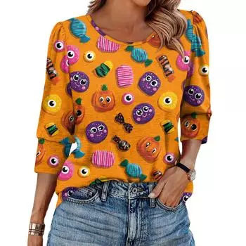 Женская модная повседневная футболка с круглым вырезом, рукавом три четверти и принтом на Хэллоуин L оранжевый