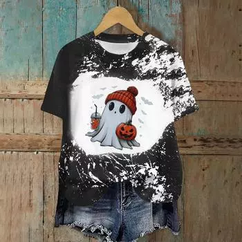 Женская модная повседневная футболка с круглым вырезом и принтом, пуловер с короткими рукавами, топ L чёрный