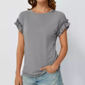 Женская модная повседневная футболка с круглым вырезом и оборками на плечах, однотонная футболка L
