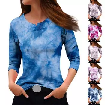 Женская модная повседневная футболка с круглым вырезом и рукавами 3/4 с принтом, топ L синий