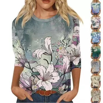 Женская модная повседневная футболка с круглым вырезом и рукавом три четверти с принтом, топ L синий