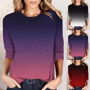Женская модная повседневная футболка с круглым вырезом, футболка с рукавами, футболка с градиентом цвета, футболка с длинным рукавом и принтом, базовая уличная одежда с круглым вырезом XXS