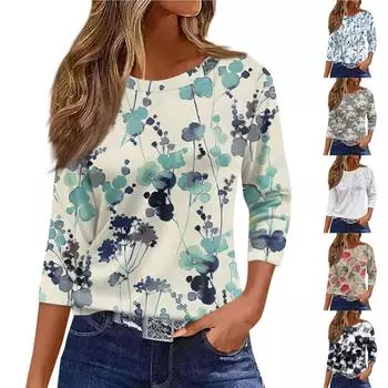 Женская модная повседневная футболка с круглым вырезом и рукавом 3/4, винтажная футболка с принтом, топ