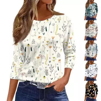 Женская модная повседневная футболка с круглым вырезом и рукавом 3/4, винтажная футболка с принтом, топ