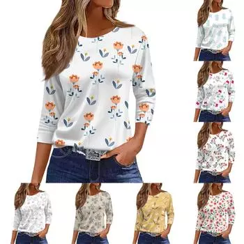 Женская модная повседневная футболка с круглым вырезом и рукавом 3/4, винтажная футболка с принтом, топ