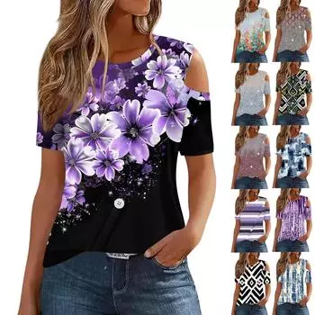 Женская модная повседневная футболка с круглым вырезом и короткими рукавами с открытыми плечами и пуговицами, топ L чёрный