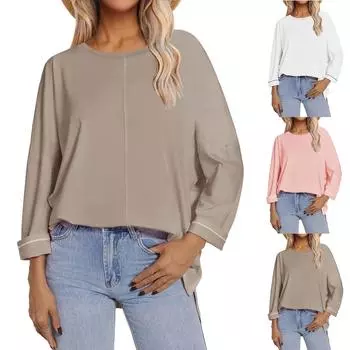 Женская модная повседневная футболка с круглым вырезом, однотонная, с длинным рукавом, с разрезом, свободный топ S хаки