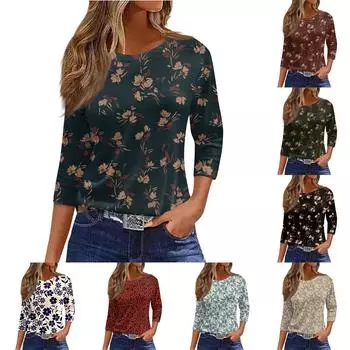 Женская модная повседневная футболка с круглым вырезом и рукавами 3/4 с цветочным принтом, топ XL красный