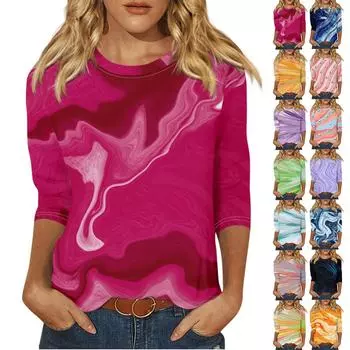 Женская модная повседневная футболка с круглым вырезом и рукавами 3/4 с принтом, топ L синий