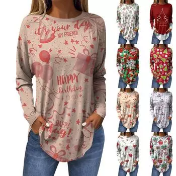 Женская модная повседневная футболка с круглым вырезом и длинным рукавом с рождественским принтом XXL бежевый