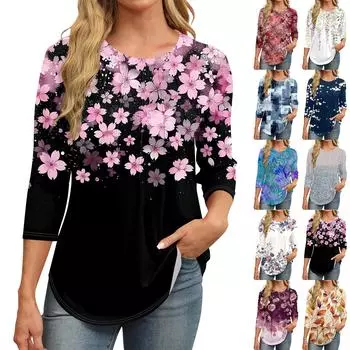 Женская модная повседневная футболка с круглым вырезом и рукавом семь четвертей в стиле ретро с принтом, плиссированная футболка L жёлтый