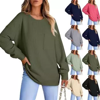 Женская модная повседневная футболка с круглым вырезом и карманом L чёрный