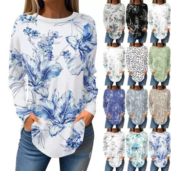 Женская модная повседневная футболка с круглым вырезом и длинным рукавом с цветочным принтом L чёрный