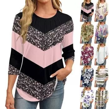 Женская модная повседневная футболка с круглым вырезом и рукавом семь четвертей в стиле ретро с принтом, плиссированная футболка XL красный