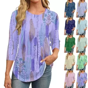 Женская модная повседневная футболка с круглым вырезом и рукавом семь четвертей в стиле ретро с принтом, плиссированная футболка M зелёный