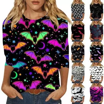Женская модная повседневная футболка с круглым вырезом и принтом на Хэллоуин с семью рукавами, топ XL