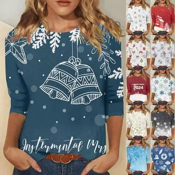Женская модная повседневная футболка с круглым вырезом и рождественским принтом, семь рукавов XXL синий