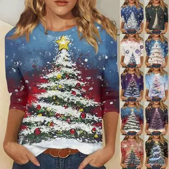 Женская модная повседневная футболка с круглым вырезом и рождественским принтом, семь рукавов XXL бежевый