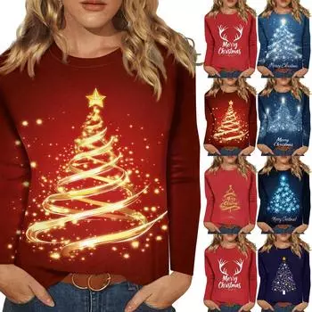 Женская модная повседневная футболка с круглым вырезом и рождественским принтом и длинными рукавами XXXXL винный