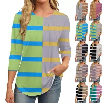 Женская модная повседневная футболка с круглым вырезом и рукавом семь четвертей в полоску с принтом и плиссировкой L бежевый