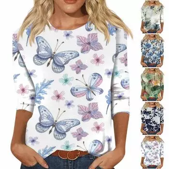 Женская модная повседневная футболка с круглым вырезом и пуловером с седьмым рукавом и принтом L синий