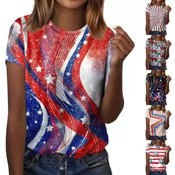 Женская модная повседневная футболка с круглым вырезом и коротким рукавом с принтом ко Дню независимости L чёрный