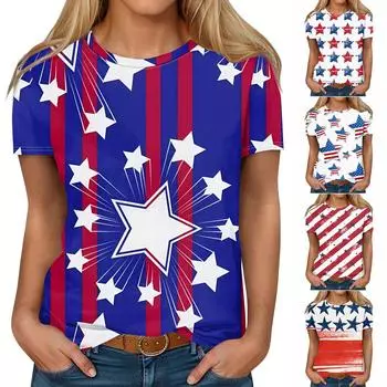 Женская модная повседневная футболка с круглым вырезом и коротким рукавом с принтом ко Дню независимости L синий
