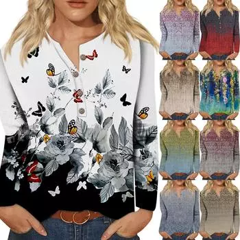 Женская модная повседневная футболка с круглым вырезом и длинными рукавами с принтом и пуговицами, топ XXL серый