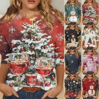 Женская модная повседневная футболка с круглым вырезом и рождественским принтом, семь рукавов M