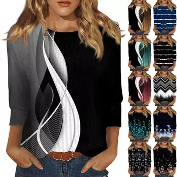 Женская модная повседневная футболка с круглым вырезом и рукавом три четверти с принтом, топ L чёрный