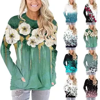 Женская модная повседневная футболка с круглым вырезом и принтом, длинными рукавами и карманами XXL