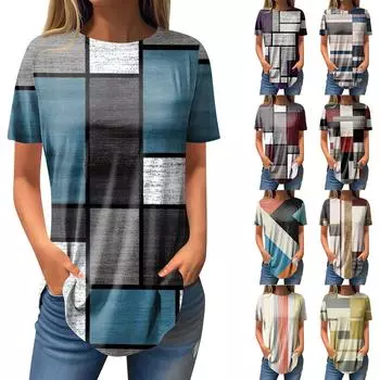 Женская модная повседневная футболка с круглым вырезом в стиле ретро и геометрическим принтом, пуловер с короткими рукавами, топ L синий