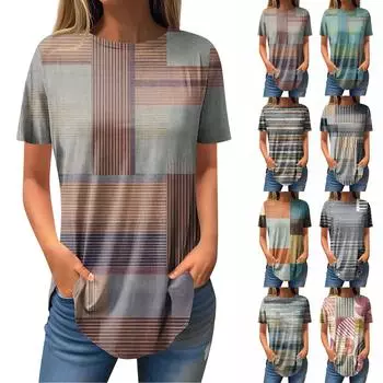 Женская модная повседневная футболка с круглым вырезом и короткими рукавами с принтом в стиле ретро L синий