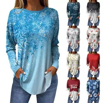 Женская модная повседневная футболка с круглым вырезом и длинным рукавом с рождественским принтом XL синий