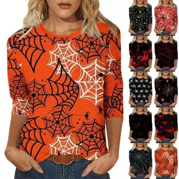 Женская модная повседневная футболка с круглым вырезом и принтом на Хэллоуин с семью рукавами, топ S винный