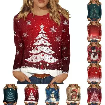 Женская модная повседневная футболка с круглым вырезом и длинным рукавом с принтом, топ XXL винный