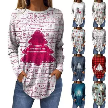 Женская модная повседневная футболка с круглым вырезом и длинным рукавом с рождественским принтом S зелёный