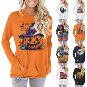 Женская модная повседневная футболка с круглым вырезом и принтом, длинными рукавами и карманами M