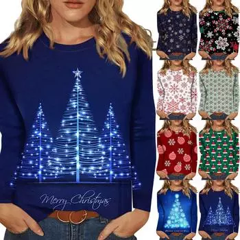 Женская модная повседневная футболка с круглым вырезом и рождественским принтом и длинными рукавами S чёрный