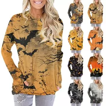 Женская модная повседневная футболка с круглым вырезом и принтом, длинными рукавами и карманами XXL чёрный