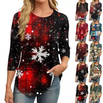 Женская модная повседневная футболка с круглым вырезом и рукавом семь четвертей в стиле ретро с принтом, плиссированная футболка S